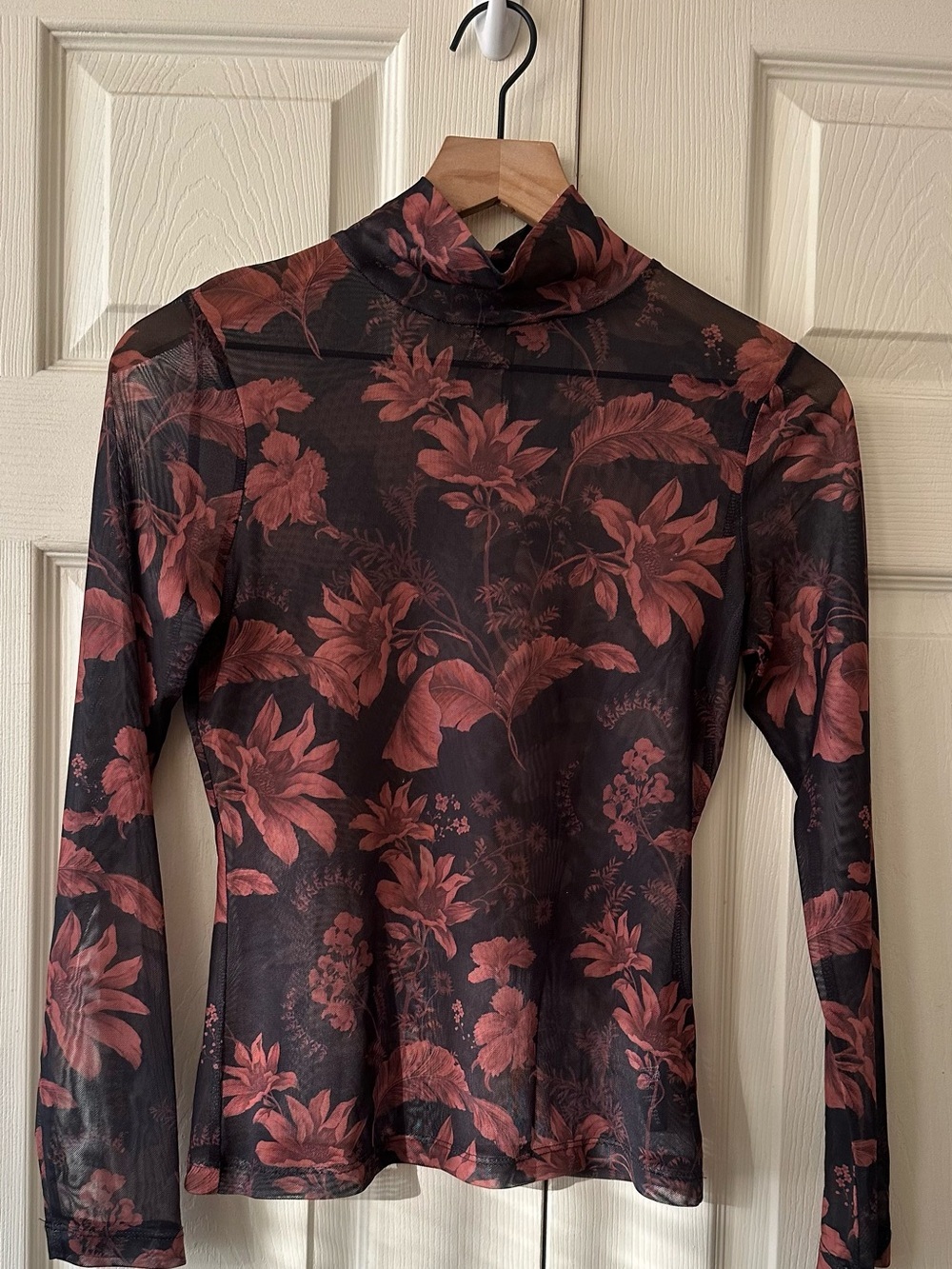 Anthropologie Yzk 2000 Retro Sheer Floral Mesh Long-Sleeve Turtleneck in Rust - Picture 3 of 11
